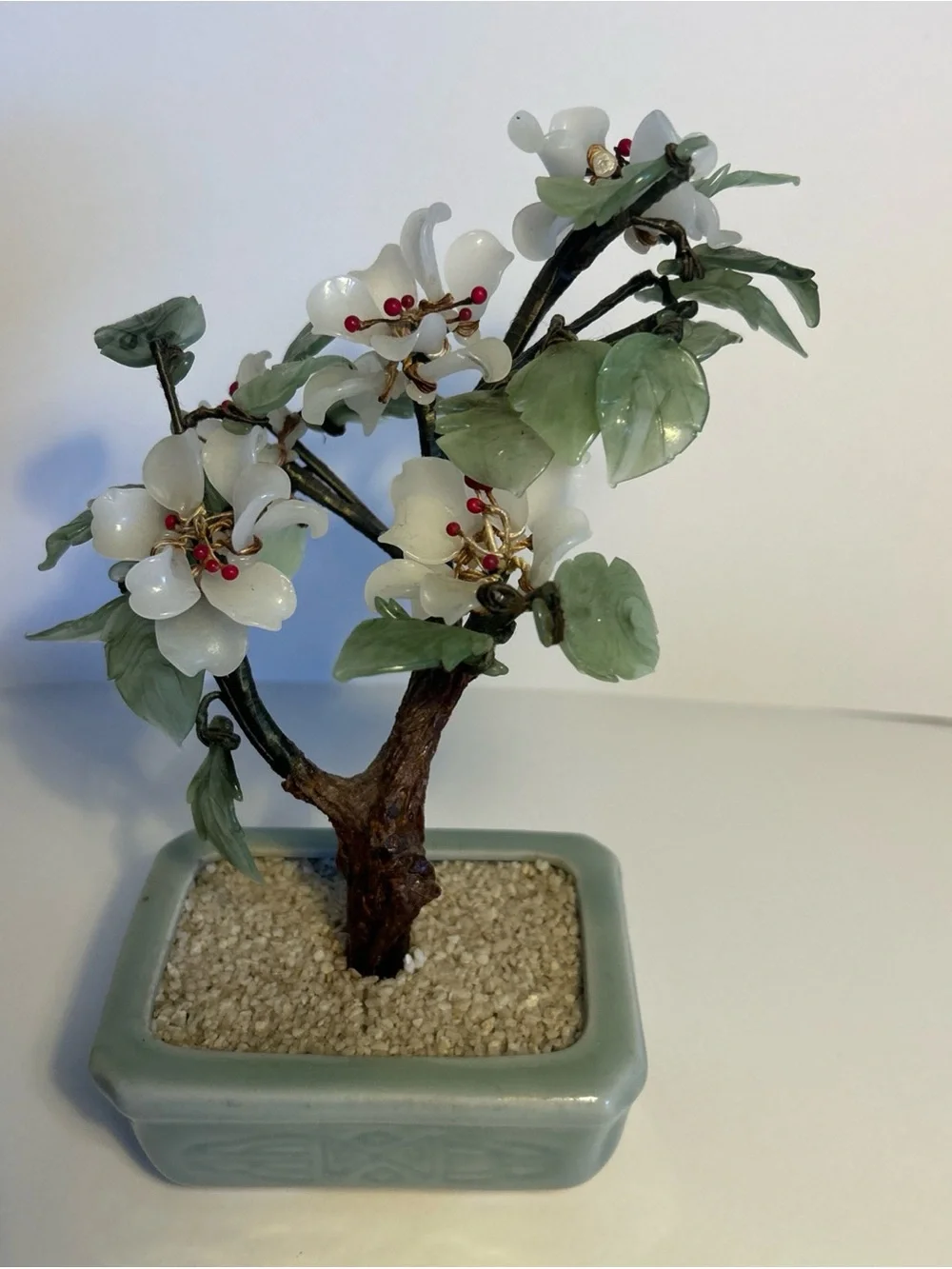 White Jade Blossom Bonsai in Pale Green Planter - Brand Unknown